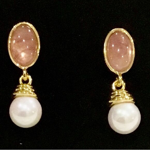 STRAWBERRY QUARTZ PEARL DANGLE EARRINGS 14K GOLD - Picture 3 of 4